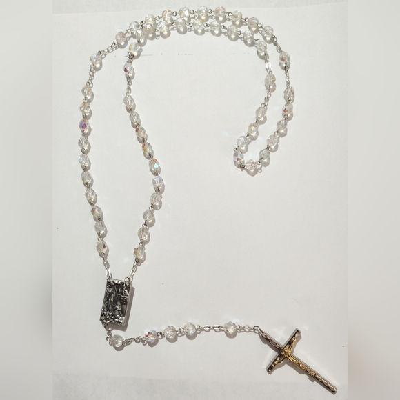 Vintage Czech Glass Aurora Borealis 21"‎ rosary gold/silver Tone crucifix Relic - Picture 1 of 9